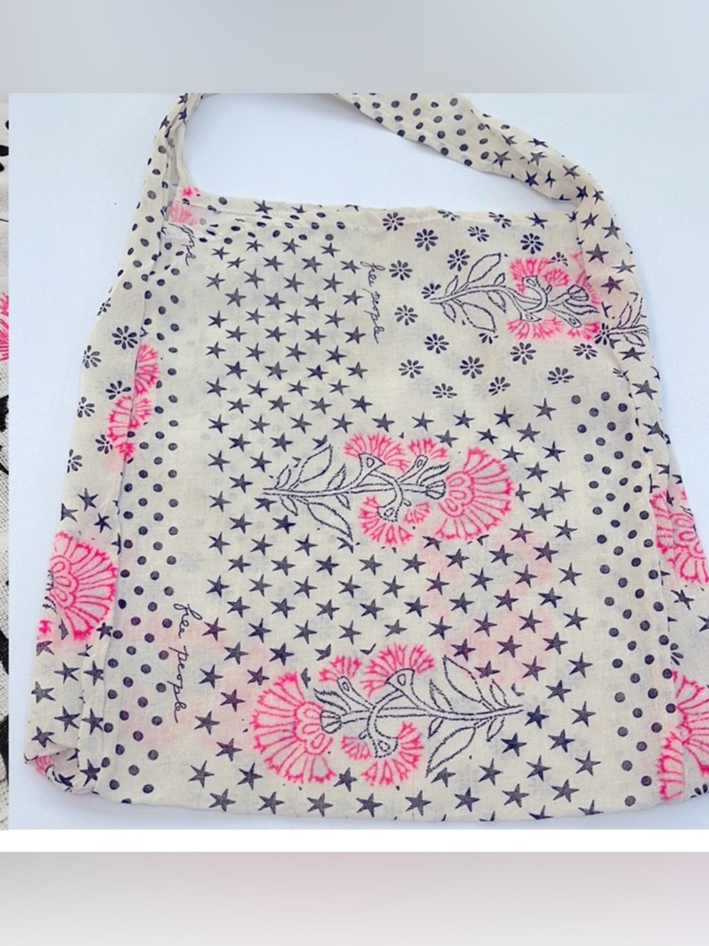 Free People Cream Shoulder Bag with Pink Floral & Black Star Print